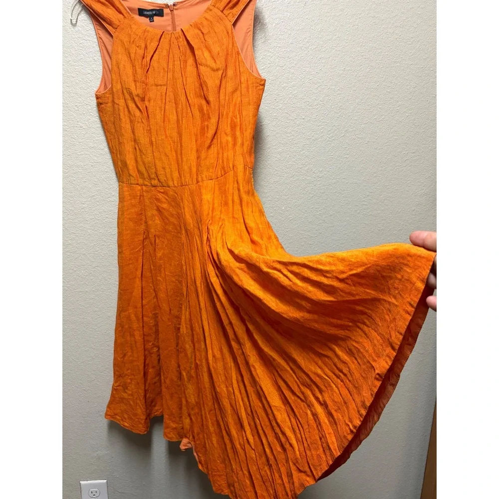 Lafayette 148 100% Linen New York Orange Sleeveless Pleated Midi Dress Size 8